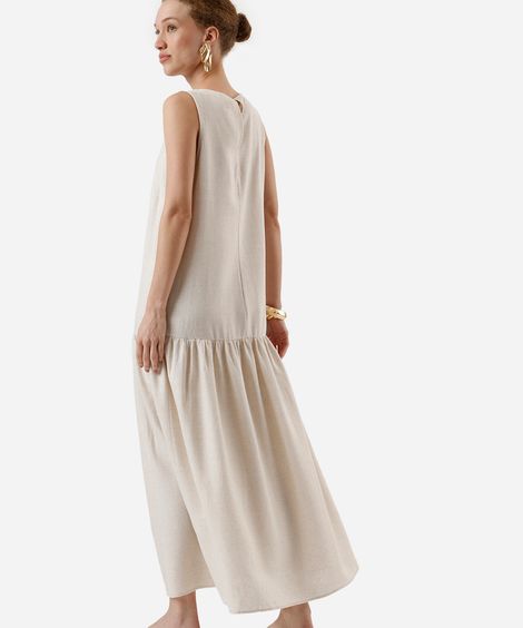 vestido midi feminino com linho e recorte bege