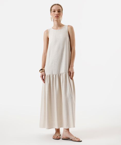 vestido midi feminino com linho e recorte bege