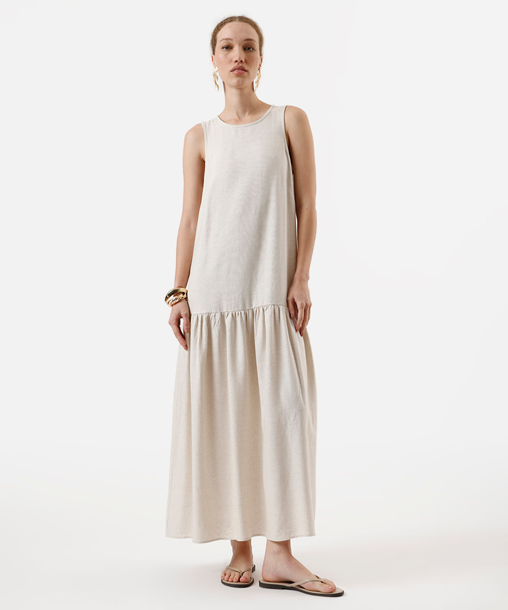 vestido midi feminino com linho e recorte bege