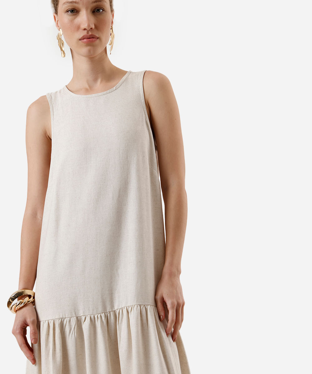 vestido midi feminino com linho e recorte bege