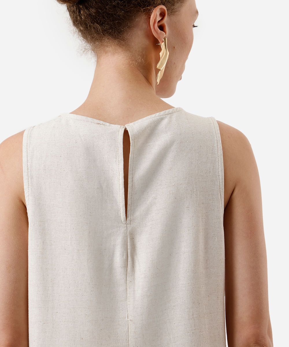 vestido midi feminino com linho e recorte bege