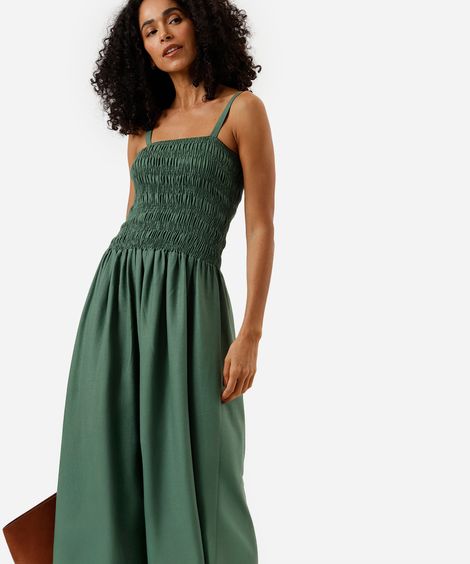 vestido midi alça fina feminino com linho franzido verde