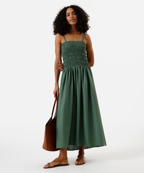 vestido midi alça fina feminino com linho franzido verde