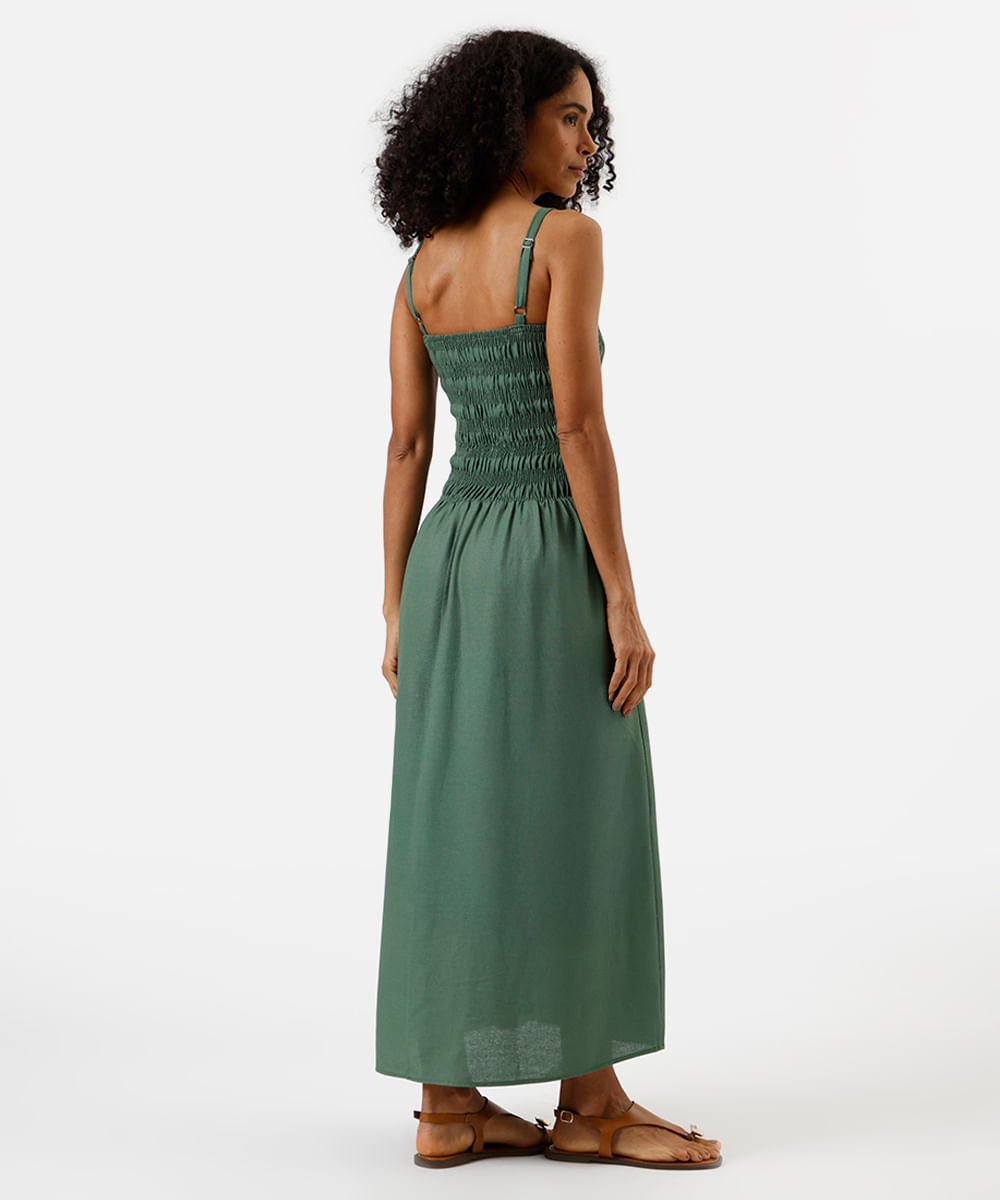 vestido midi alça fina feminino com linho franzido verde