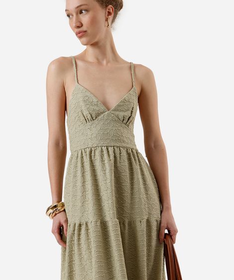 vestido midi alça fina feminino de laise com recortes verde