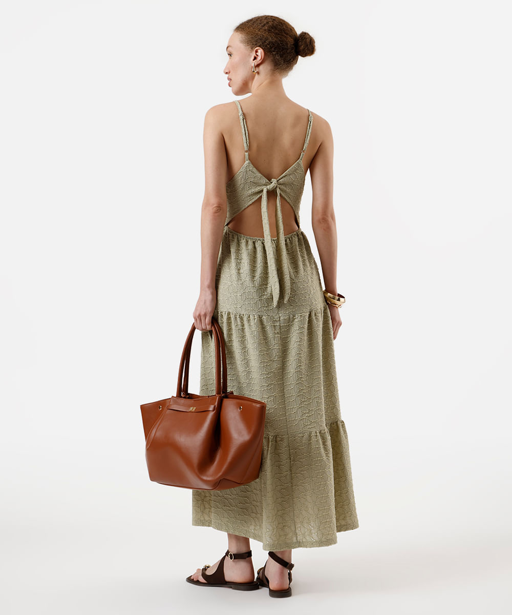 vestido midi alça fina feminino de laise com recortes verde