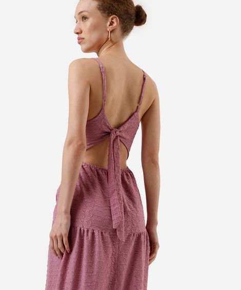 vestido midi alça fina feminino de laise com recortes lilás
