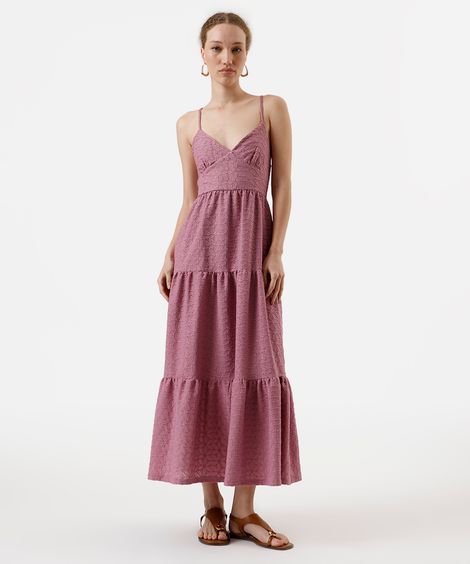 vestido midi alça fina feminino de laise com recortes lilás