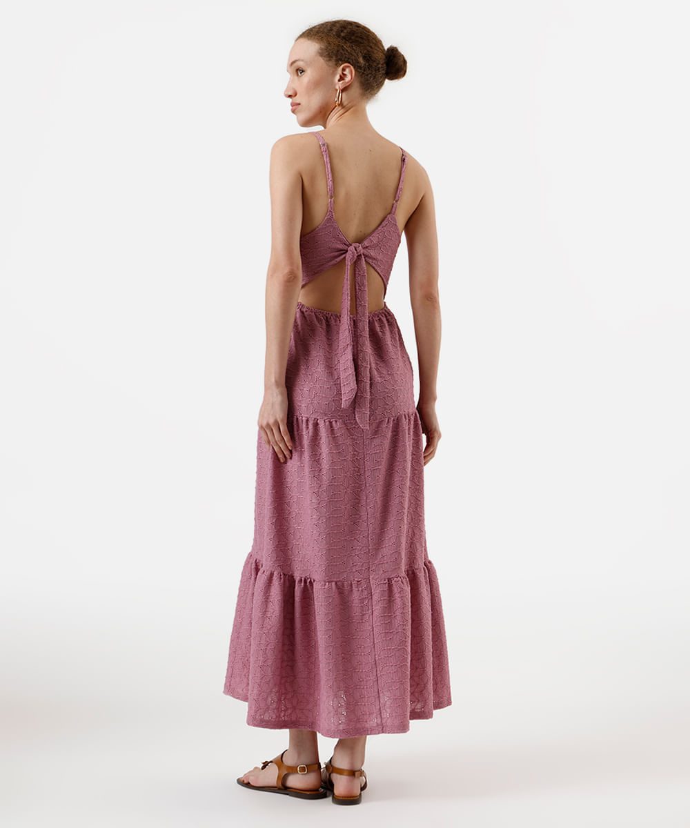 vestido midi alça fina feminino de laise com recortes lilás