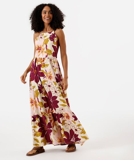 vestido longo alça fina feminino de algodão com recorte floral colorido