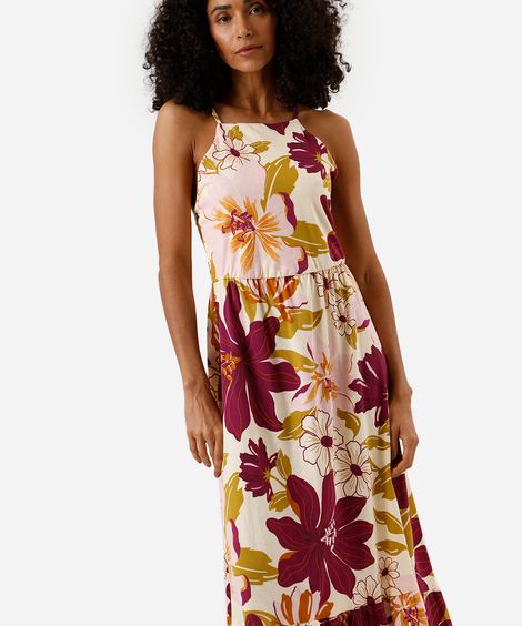 vestido longo alça fina feminino de algodão com recorte floral colorido