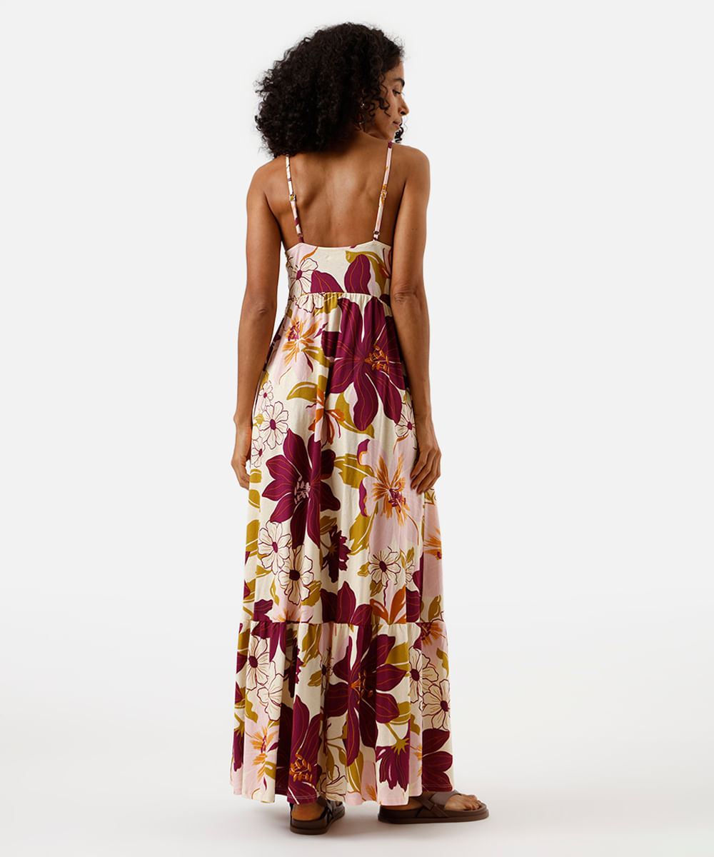 vestido longo alça fina feminino de algodão com recorte floral colorido