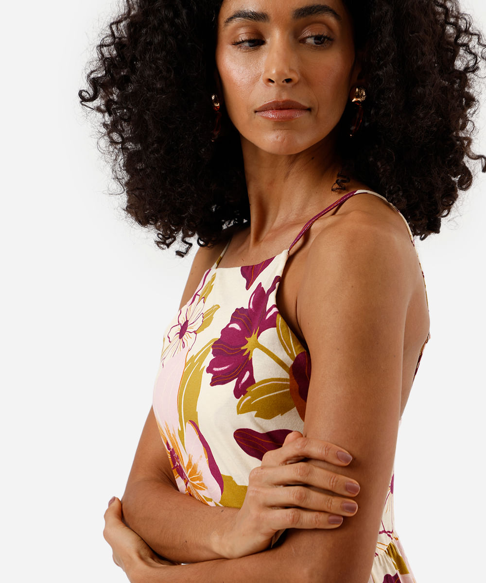 vestido longo alça fina feminino de algodão com recorte floral colorido
