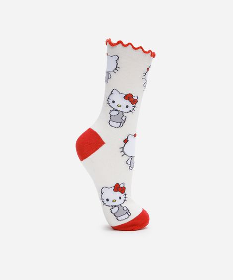 meia cano alto com algodão hello kitty off white