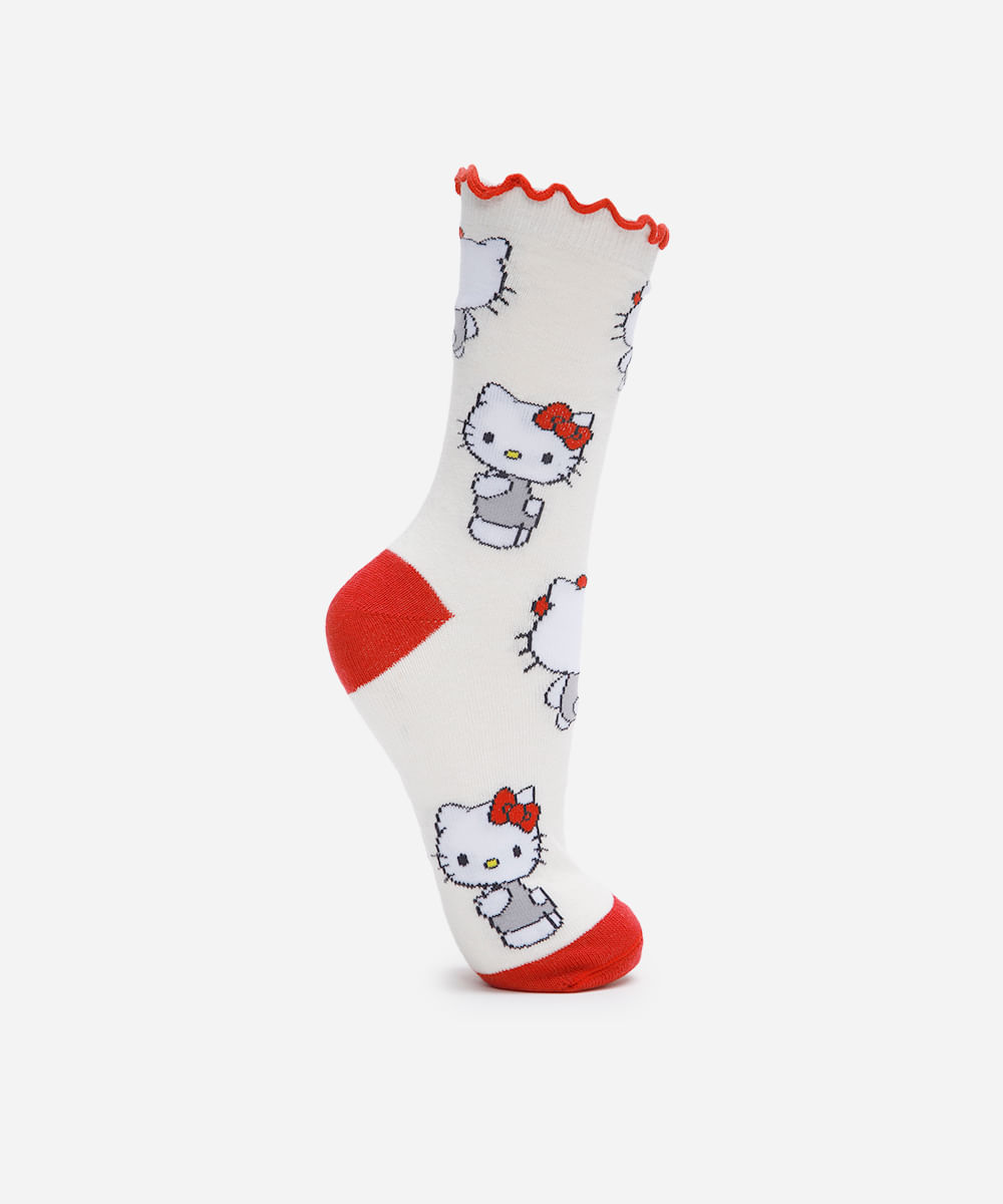 meia cano alto com algodão hello kitty off white