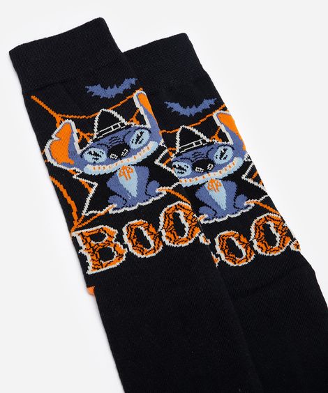 meia cano alto com algodão stitch halloween preta