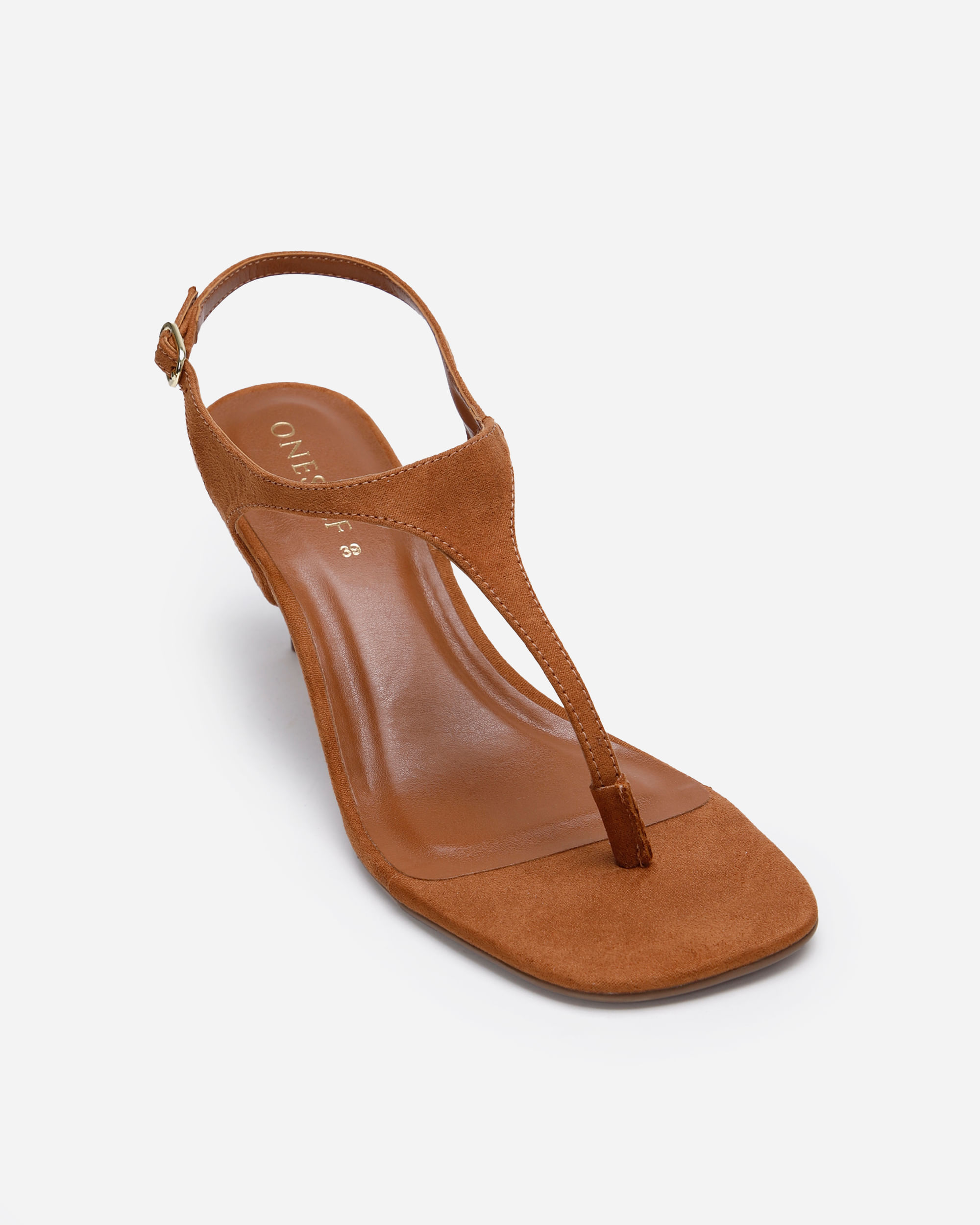 sandália bico quadrado salto fino texturizada oneself marrom