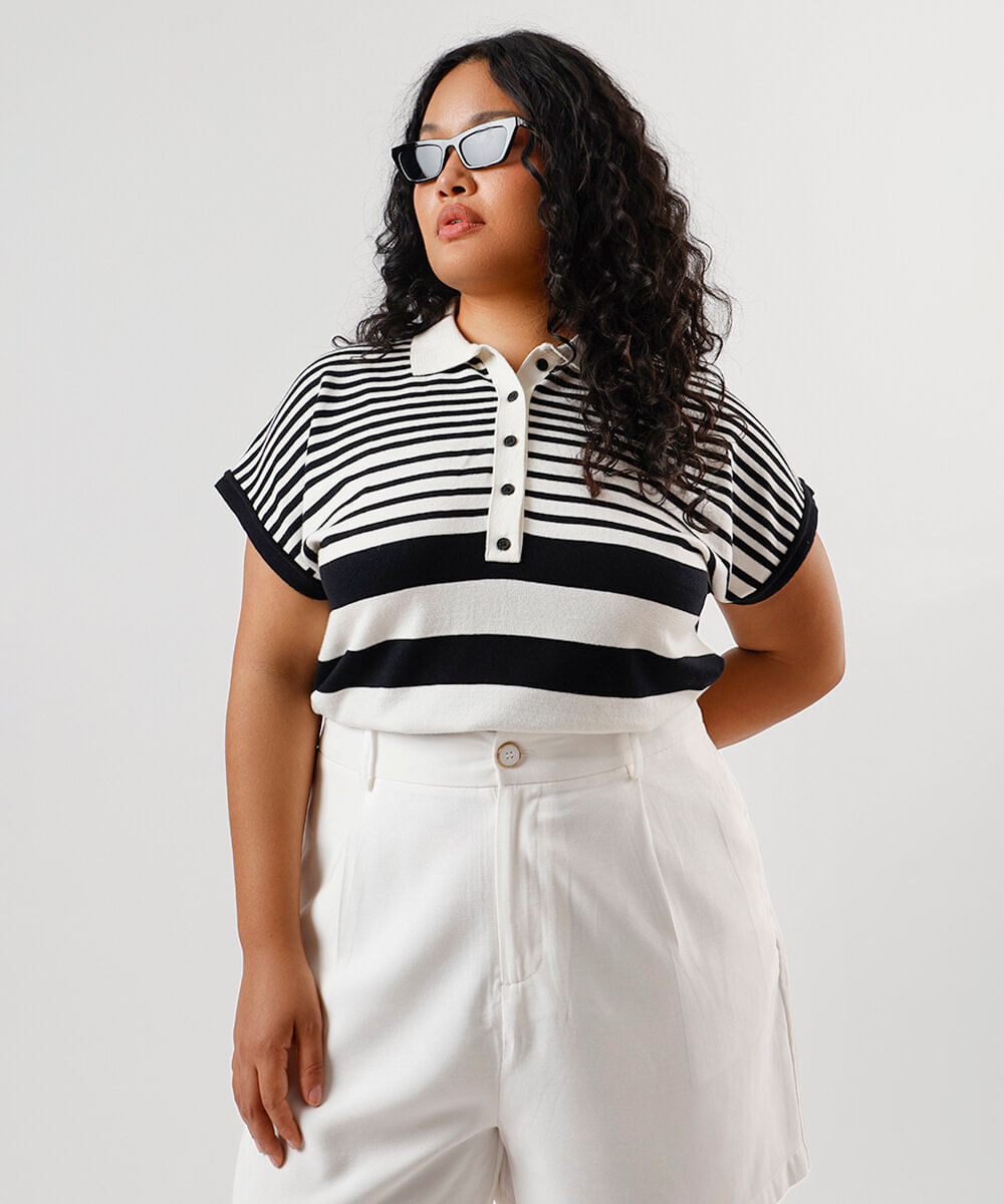 polo feminina de tricot listrada mindset plus size preta