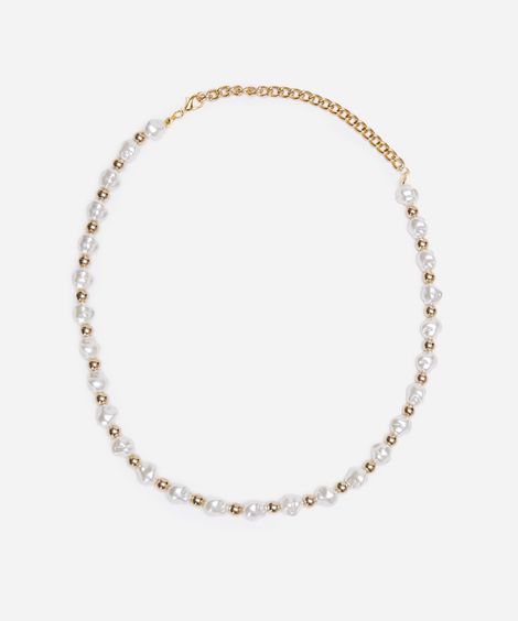 colar de pérolas orgânicas e miçangas dourado