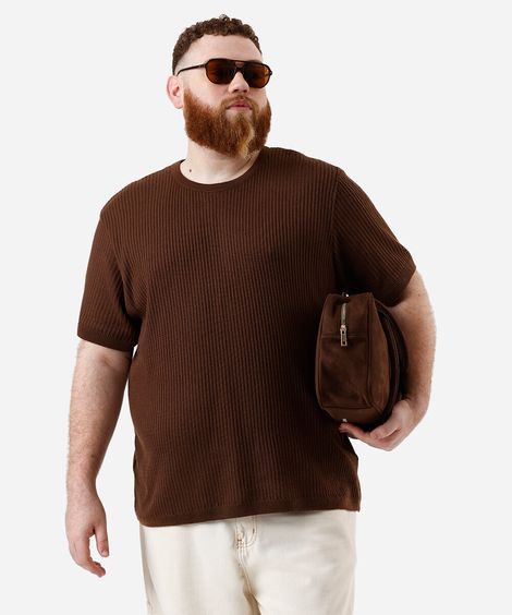 camiseta masculina de tricot texturizada plus size marrom