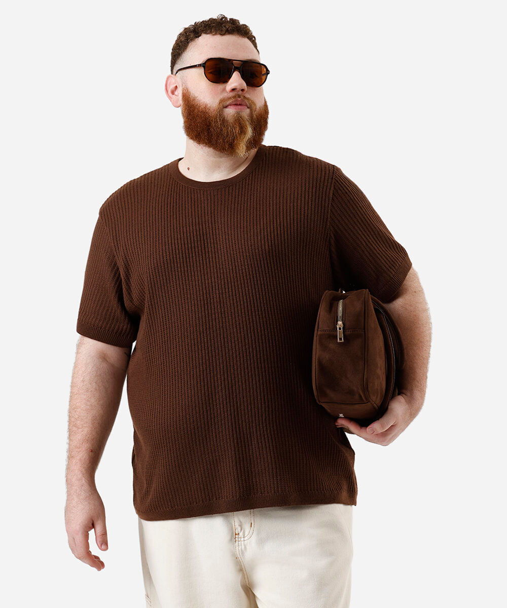 camiseta masculina de tricot texturizada plus size marrom