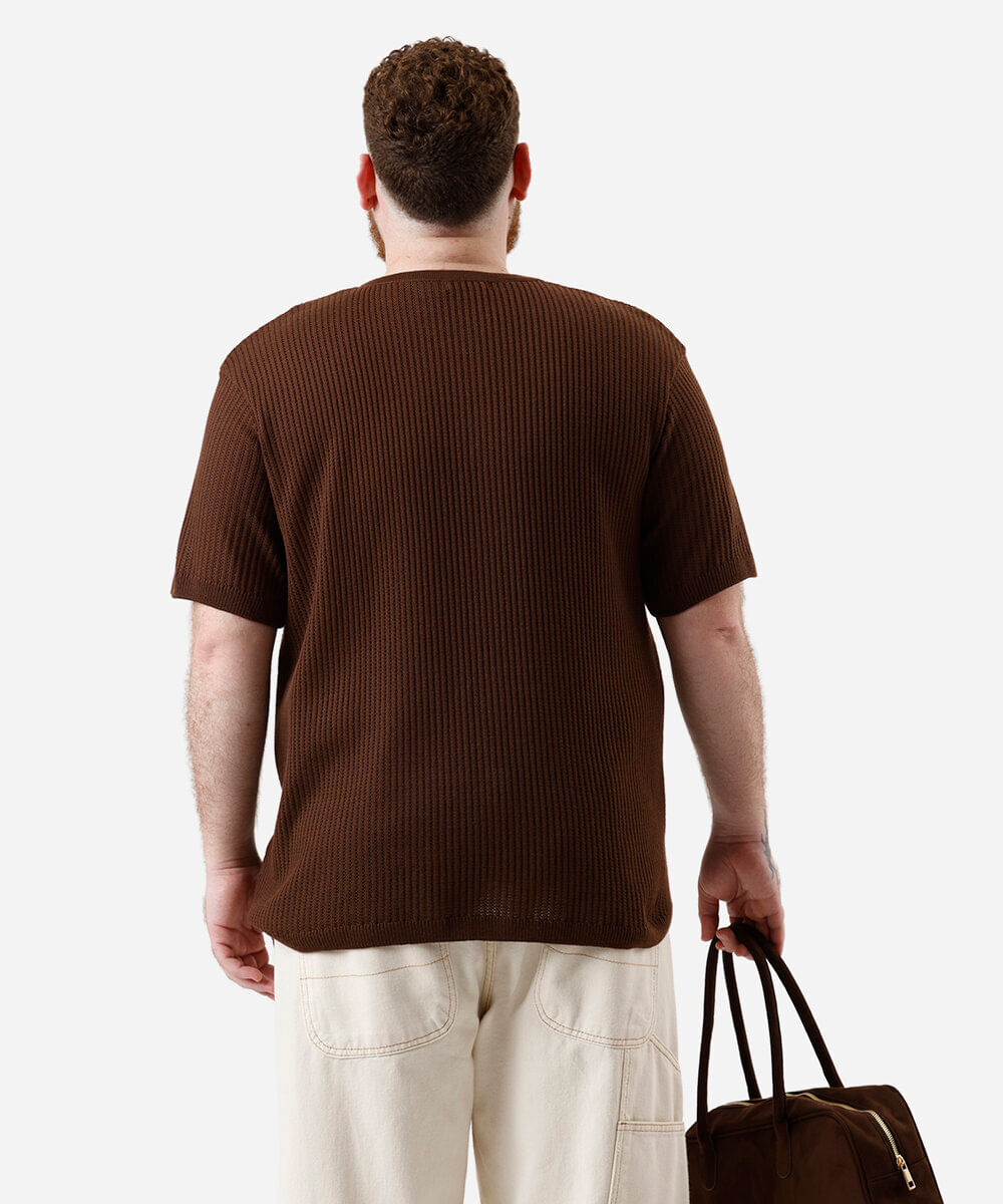 camiseta masculina de tricot texturizada plus size marrom