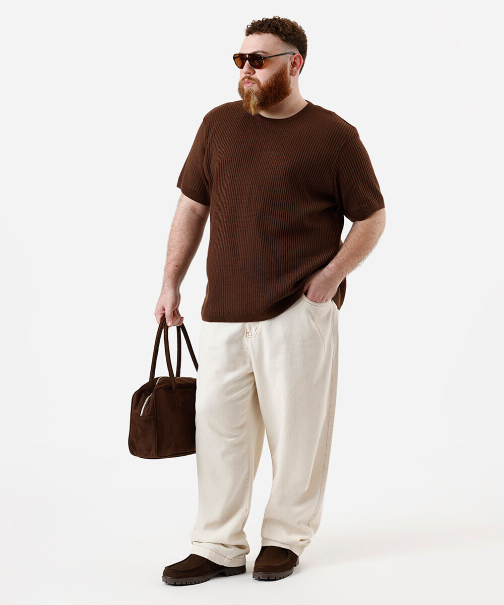 camiseta masculina de tricot texturizada plus size marrom