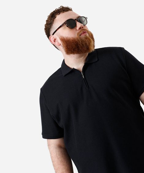 polo masculina com zíper texturizada plus size preta