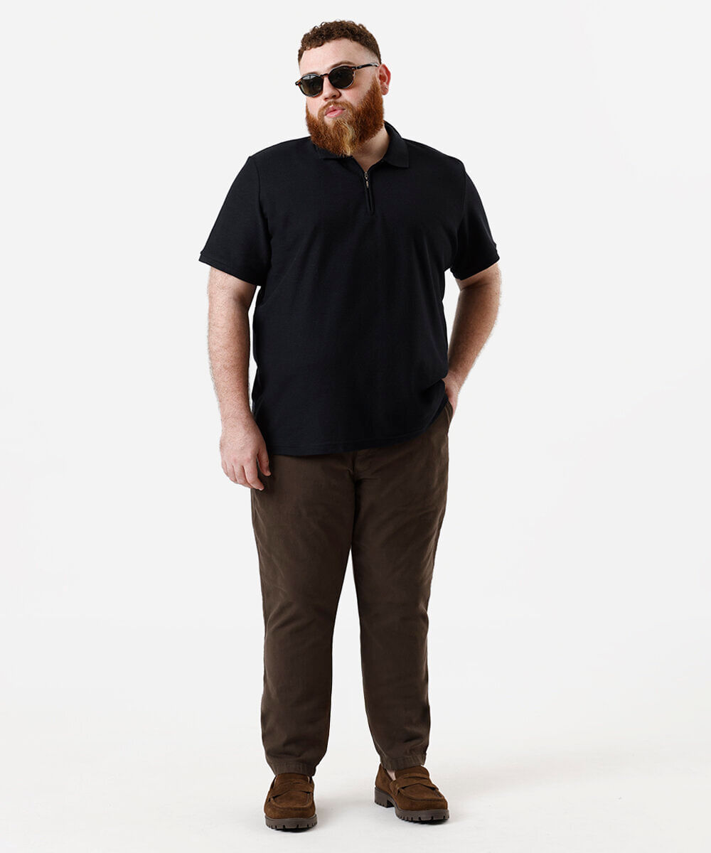 polo masculina com zíper texturizada plus size preta