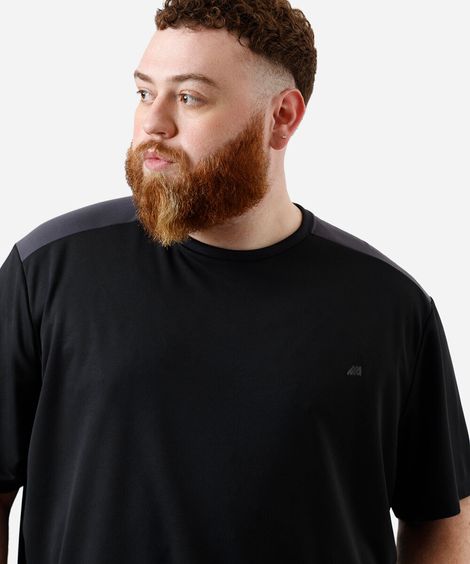 camiseta plus size manga curta esportiva preta - cinza