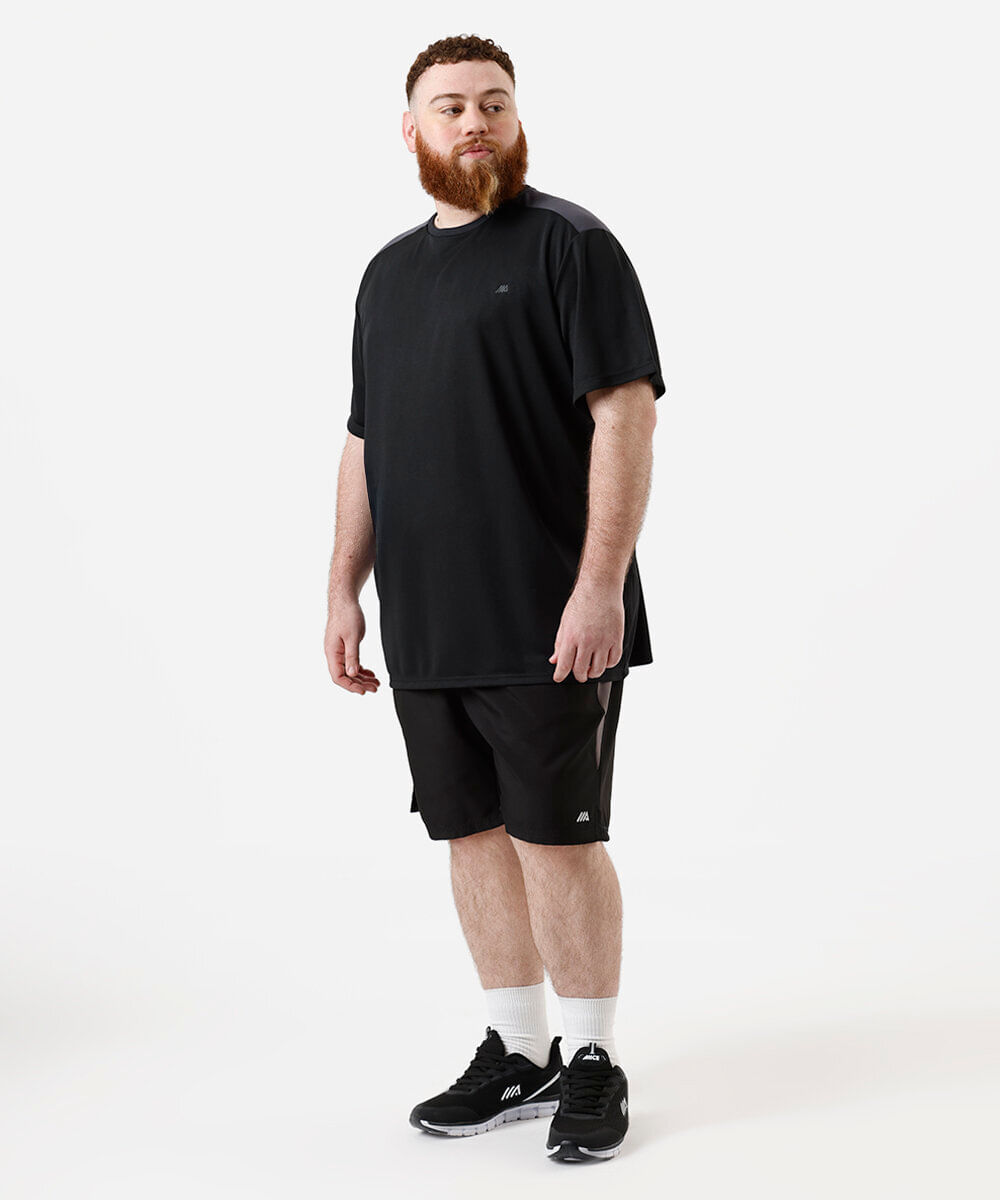 camiseta plus size manga curta esportiva preta - cinza