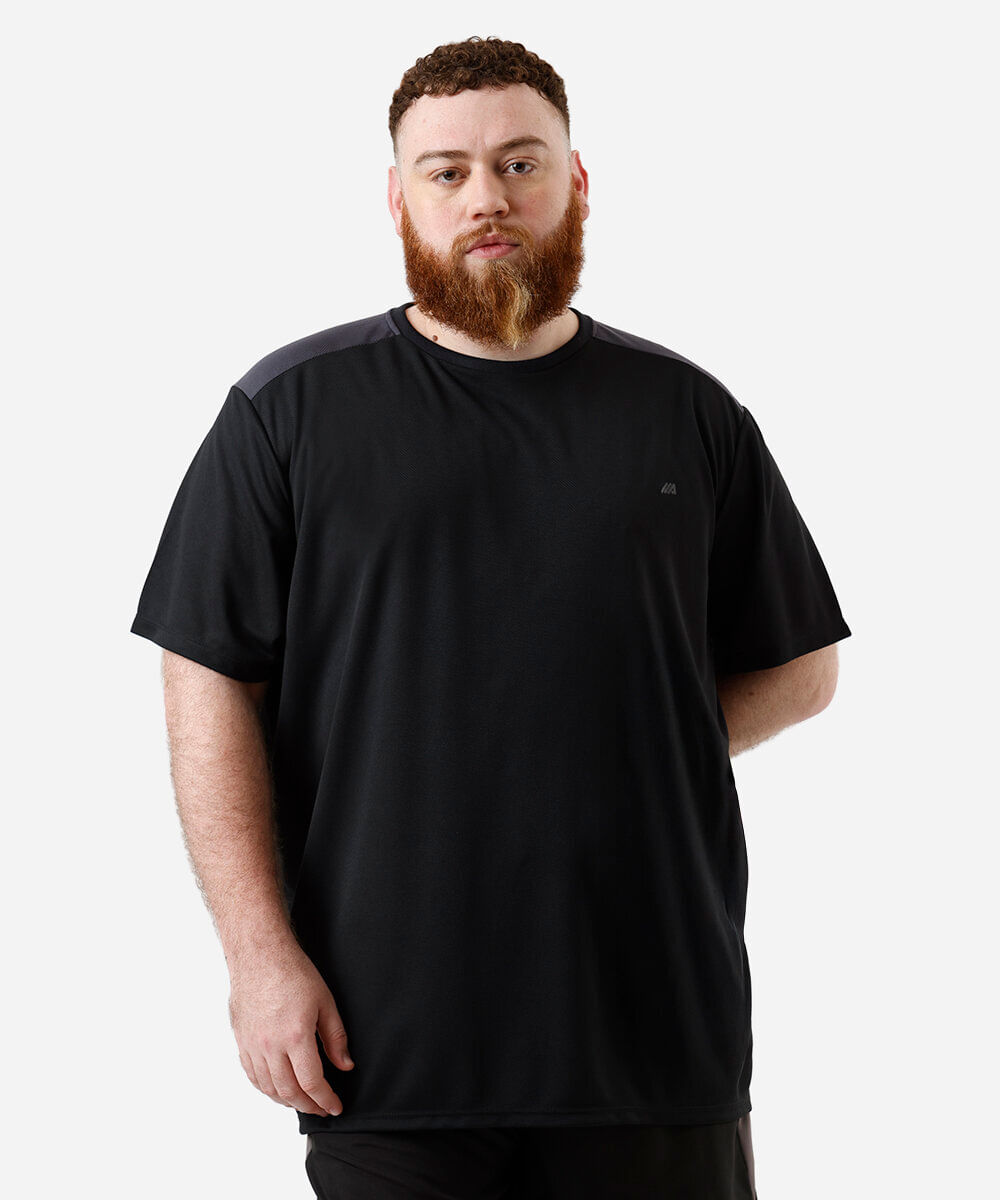 camiseta plus size manga curta esportiva preta - cinza