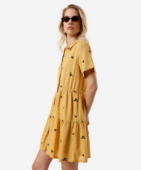 vestido curto feminino chemise bordado floral amarelo