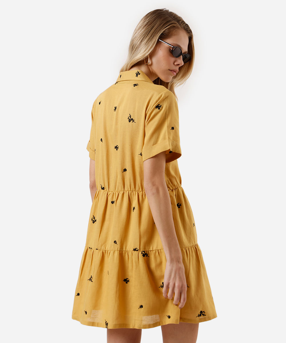vestido curto feminino chemise bordado floral amarelo