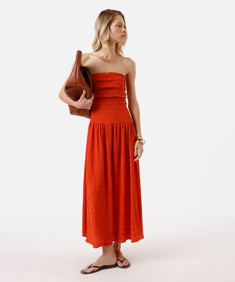 vestido midi sem alça feminino com pregas texturizado laranja