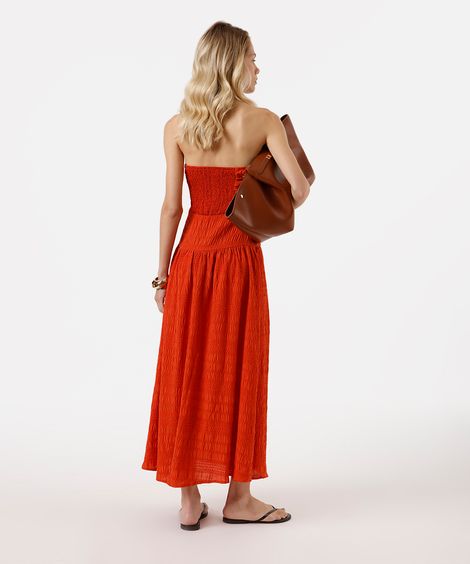 vestido midi sem alça feminino com pregas texturizado laranja