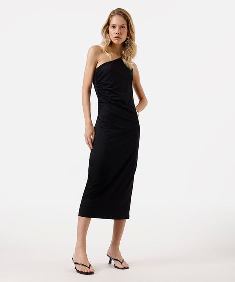 vestido midi feminino ombro único franzido - preto