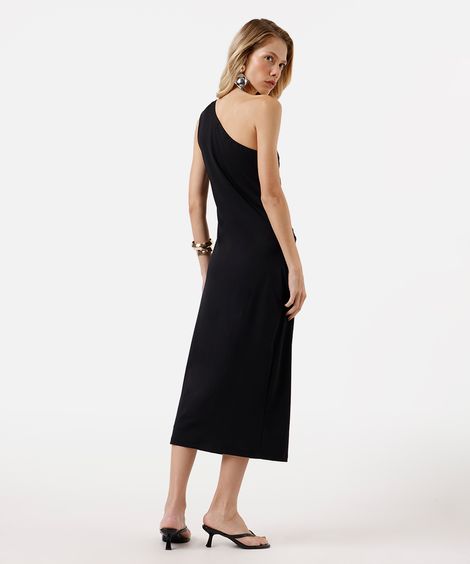 vestido midi feminino ombro único franzido - preto
