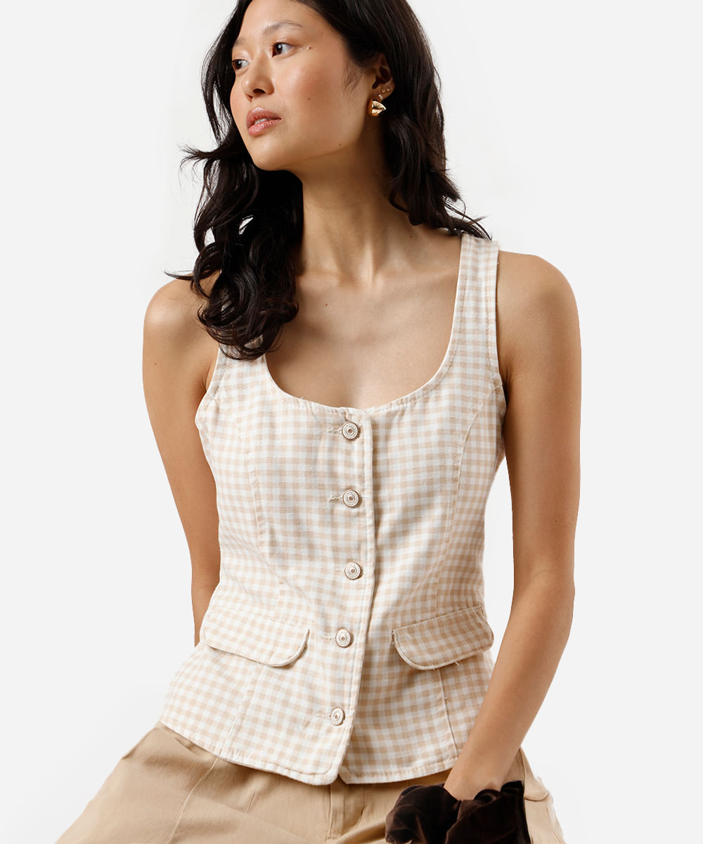 colete feminino de sarja xadrez off white