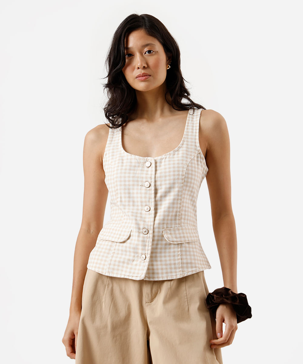 colete feminino de sarja xadrez off white