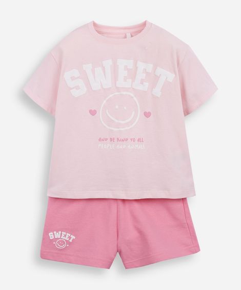 conjunto curto infantil de algodão estampado rosa