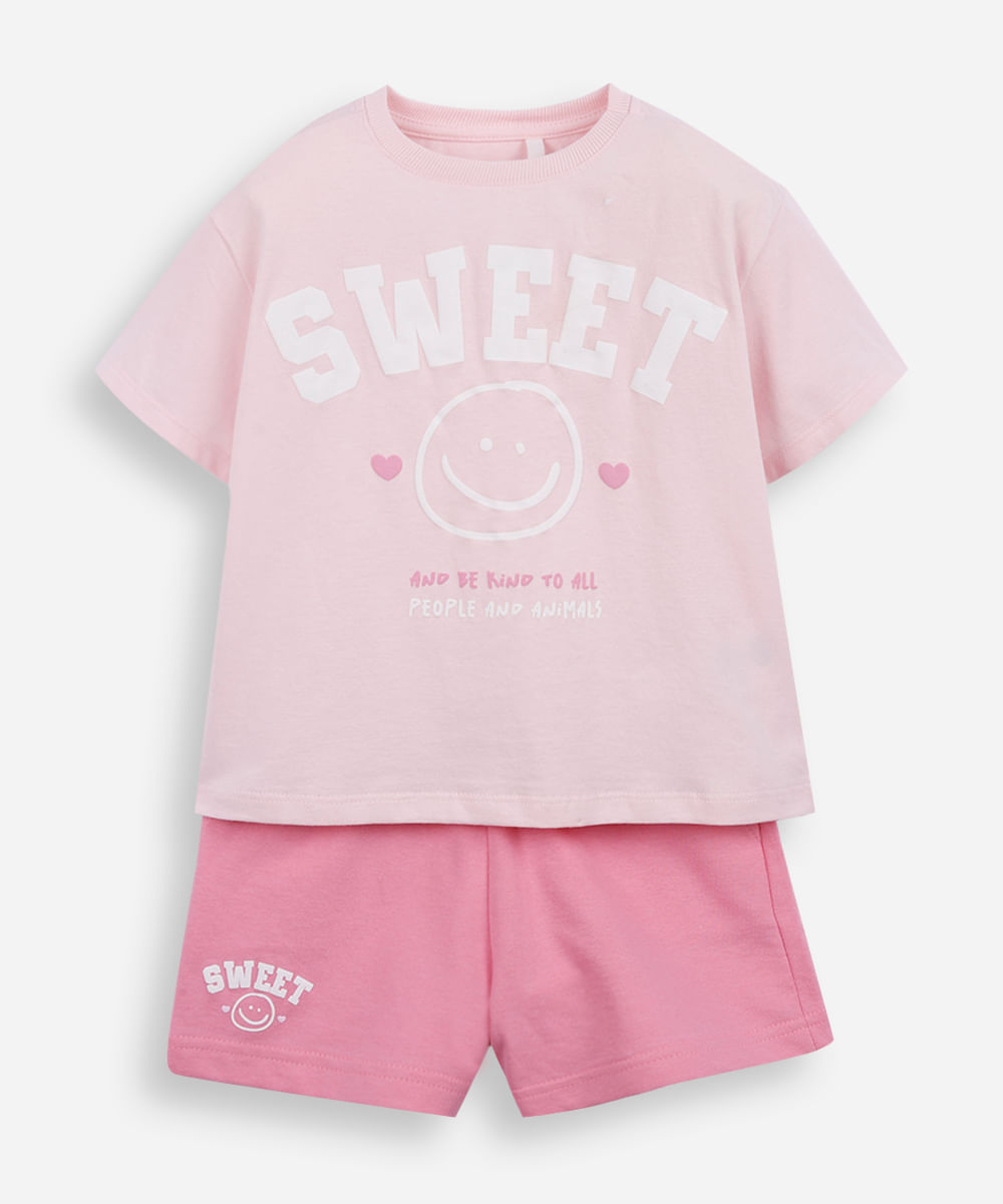 conjunto curto infantil de algodão estampado rosa