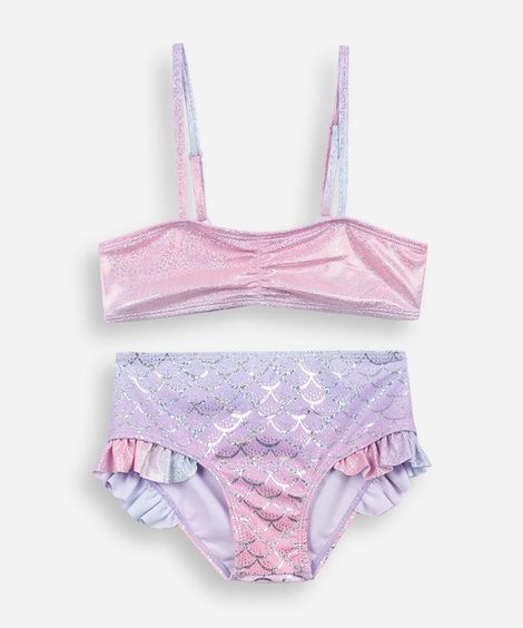 biquíni infantil com babados holográfico lilás
