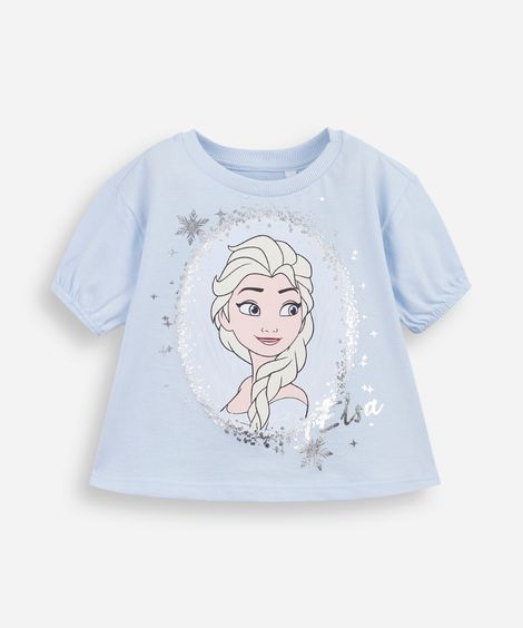 blusa infantil de algodão manga bufante frozen azul