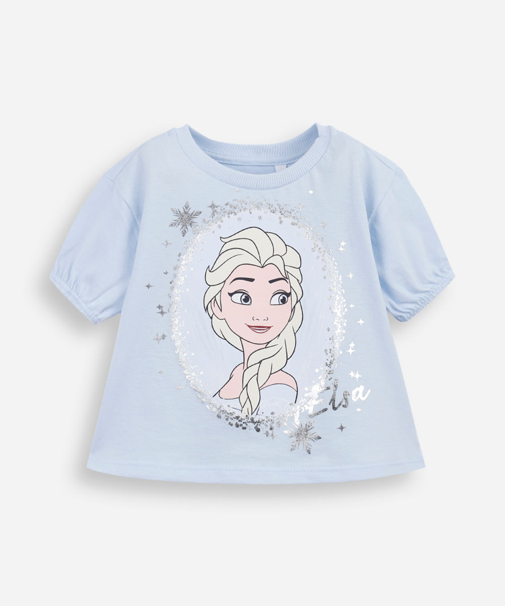blusa infantil de algodão manga bufante frozen azul