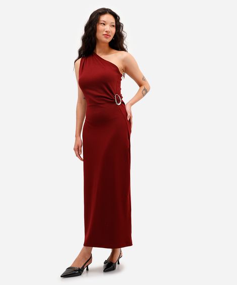 vestido midi ombro único feminino com franzido vinho