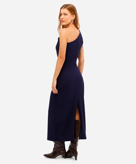 vestido midi ombro único feminino com franzido azul