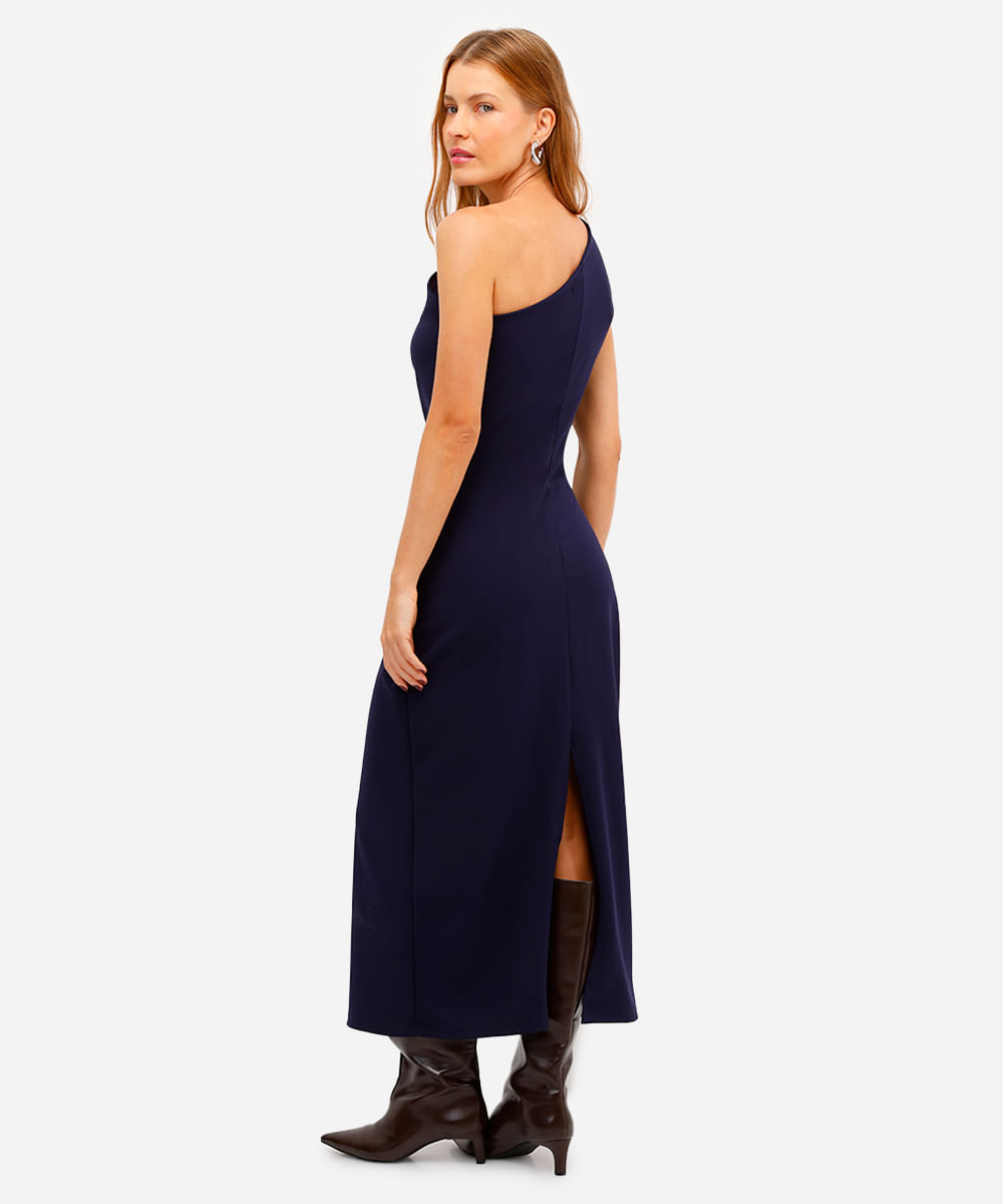 vestido midi ombro único feminino com franzido azul
