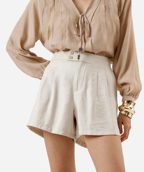 short de alfaiataria feminino com viscose e pregas bege