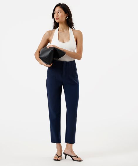 calça alfaiataria cintura alta com pences - azul marinho